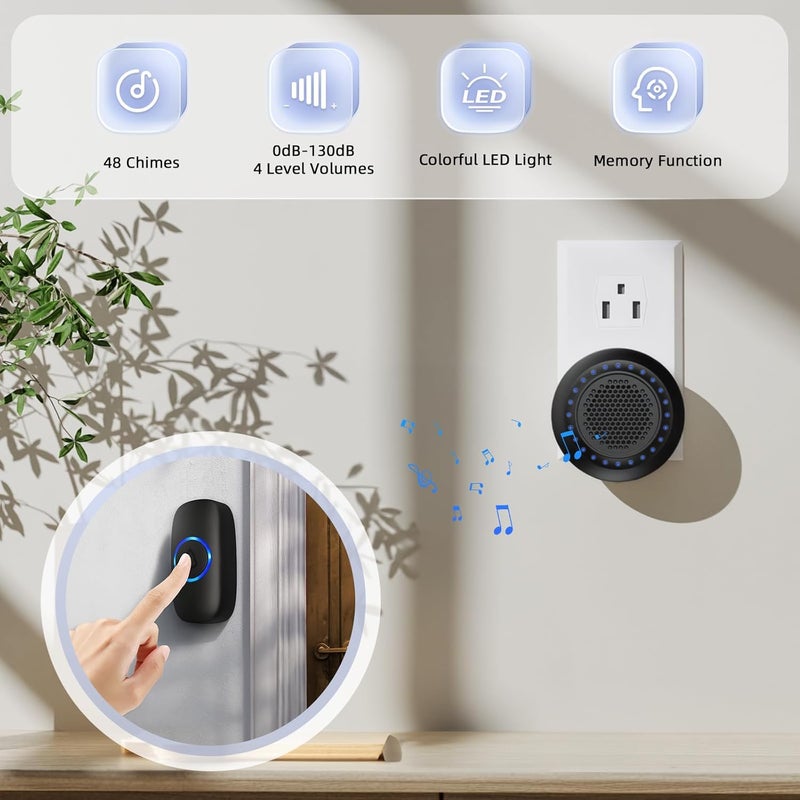 PHYSEN Store Wireless Door Bells for Homes Doorbell Chime Kits with 1 Transmitter 1 Receiver - Waterproof Operating at 1000ft Range - 48 Ringtones 4 Volume Levels LED Flash - Door Bell for Classroom Black - Image 2